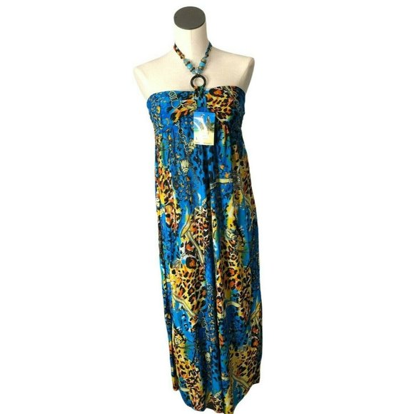 Maxi Dress Blue Womens Large Bathing Suit Cover MuMu Silk Blend Elastic Back NWT - Picture 3 of 9